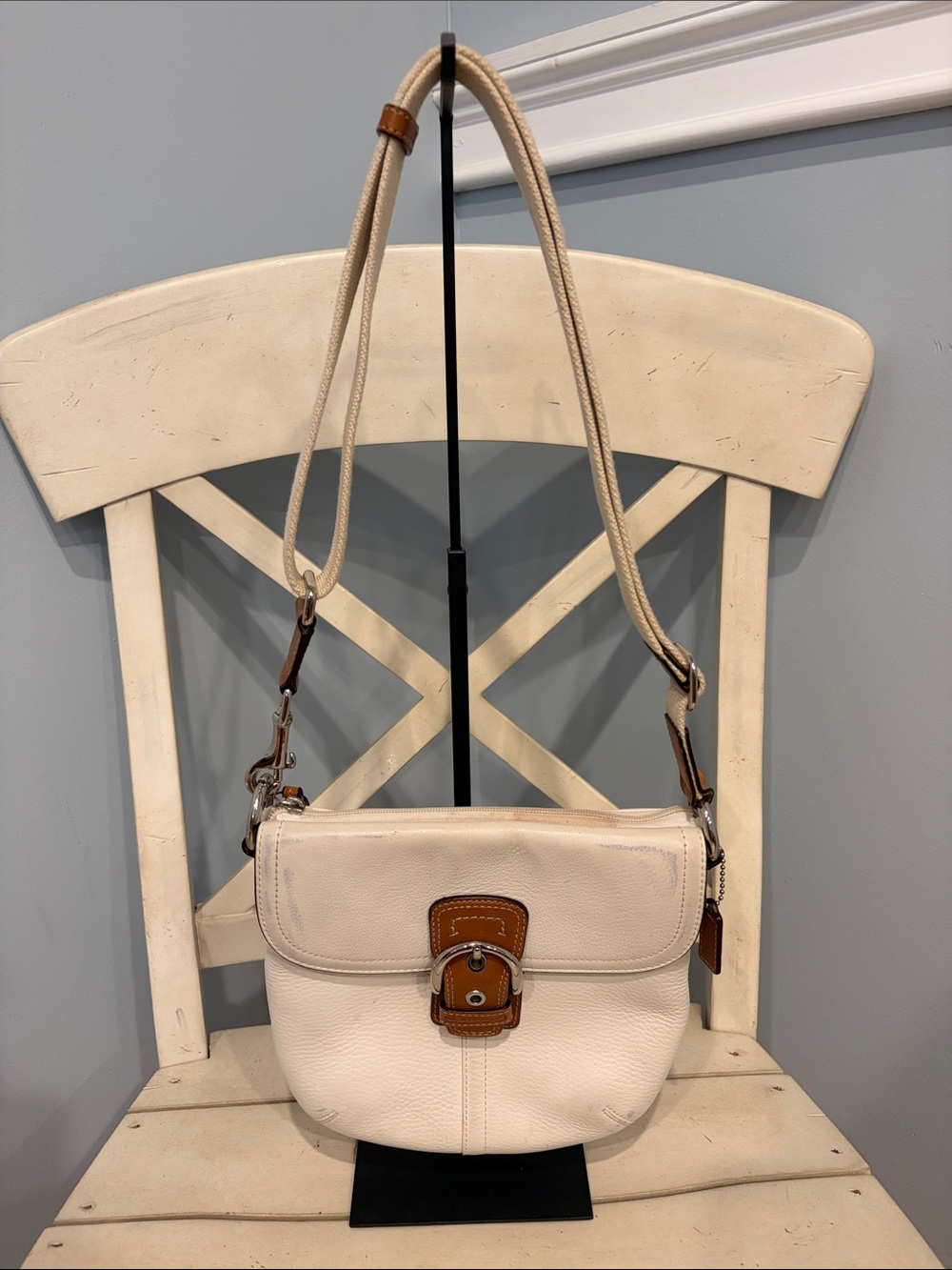 Coach SoHo Leather Crossbody Bag in Cream with Brown Trim